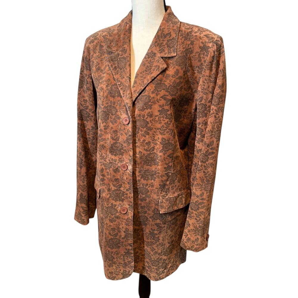 Vintage Denim & Co. Brown Floral Suede Leather Longline Blazer Jacket Medium Y2K